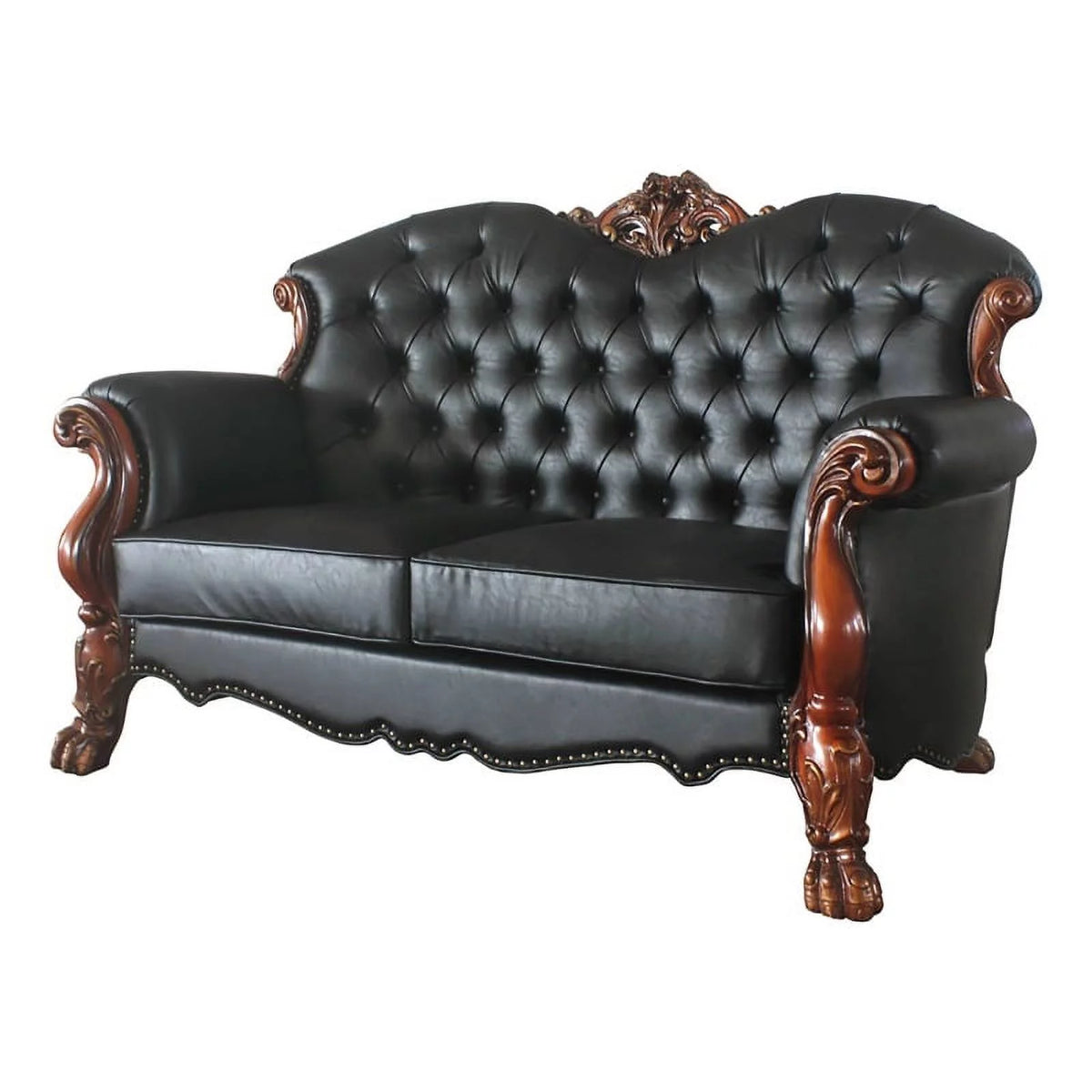 Black Faux Leather Wood Loveseat with 3 Pillows M8831