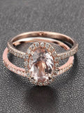 1.50 carat Round Cut Morganite and Diamond Halo Bridal Wedding Ring Set in Rose Gold O194