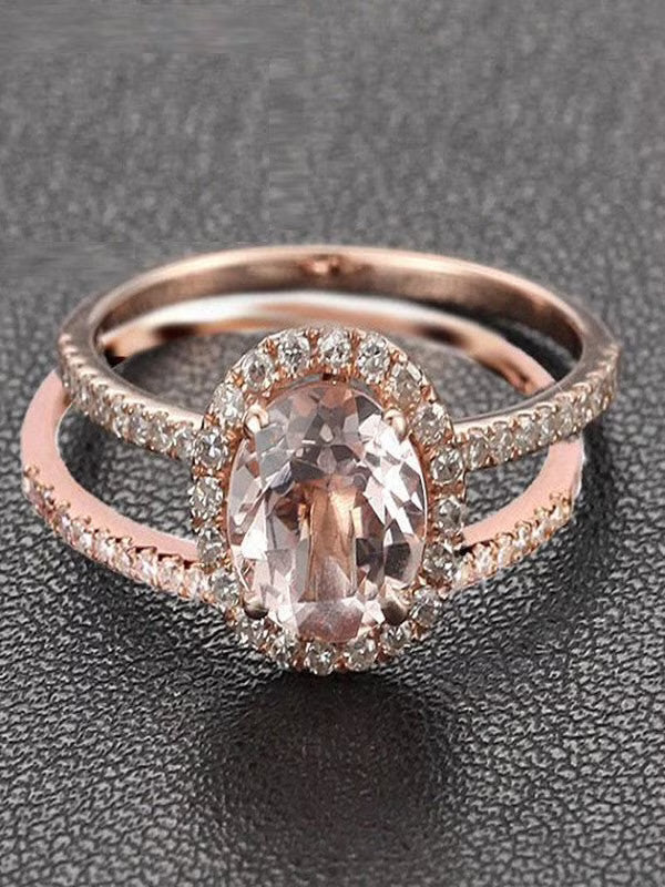 1.50 carat Round Cut Morganite and Diamond Halo Bridal Wedding Ring Set in Rose Gold O194