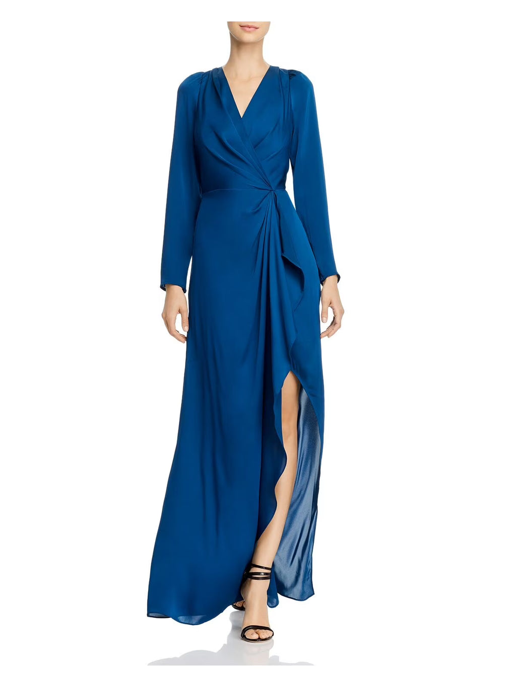 Teal Slitted Long Sleeve V Neck Maxi Faux Wrap Dress V62197