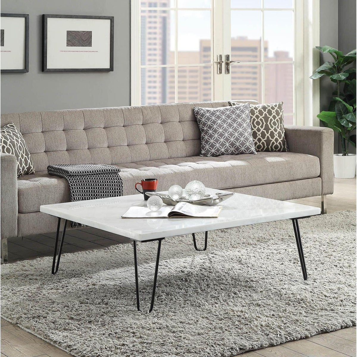 Industrial Style White Marble Top Square Coffee Table C534