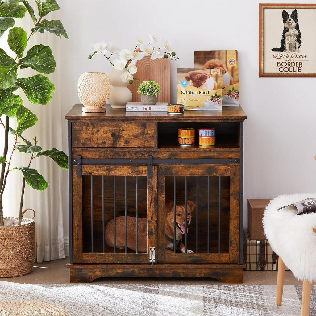 Rustic Brown Wooden Dog Crate with Sliding Barn Door and Storage Drawers X946