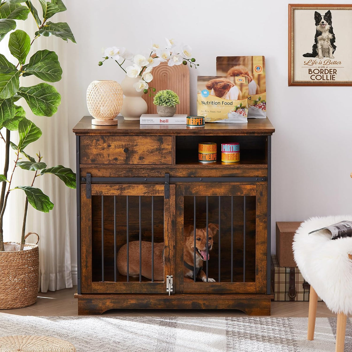 Rustic Brown Wooden Dog Crate with Sliding Barn Door and Storage Drawers X946