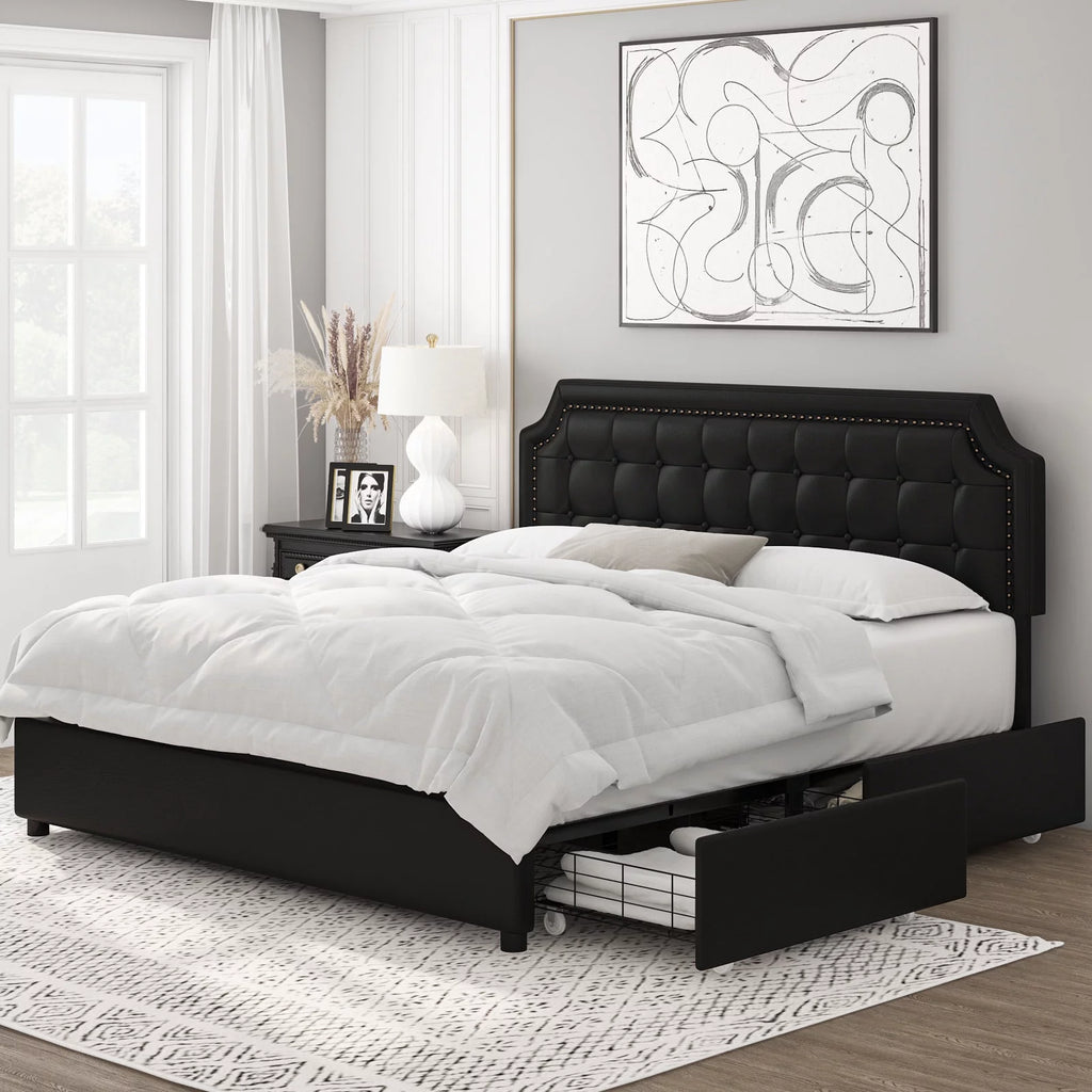 Queen Size 4 Drawer Black PU Leather Platform Bed N3083