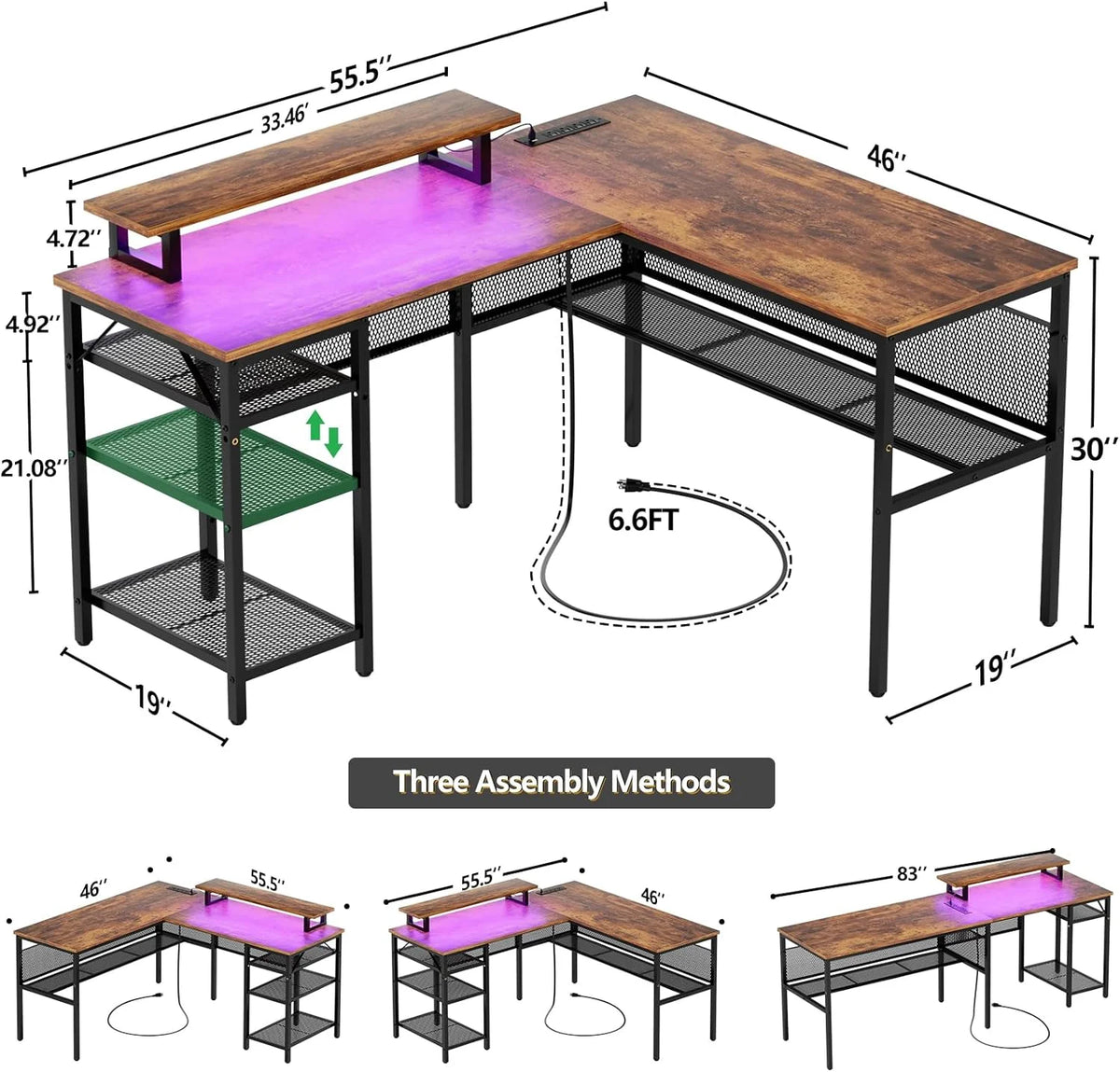 55 Inch Reversible L Shaped Computer Desk with Power Outlets N112