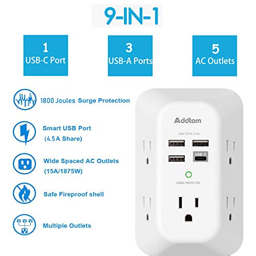 2 Pack USB Wall Charger Surge Protector, 5 Outlet Extender with 4 USB Charging Ports (1 USB C Outlet) 3 Sided 1800J Power Strip O151471