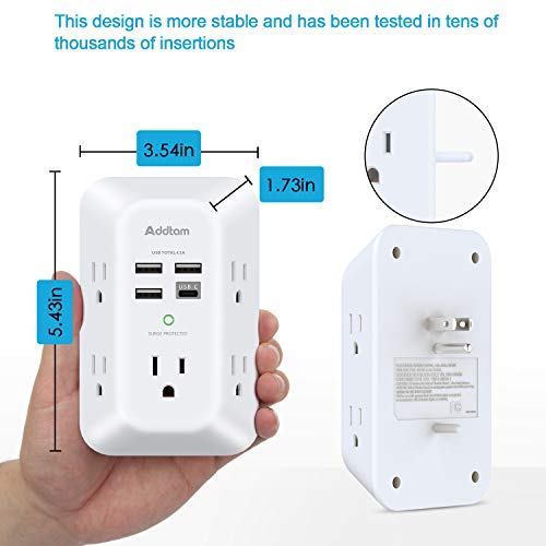 2 Pack USB Wall Charger Surge Protector, 5 Outlet Extender with 4 USB Charging Ports (1 USB C Outlet) 3 Sided 1800J Power Strip O151471