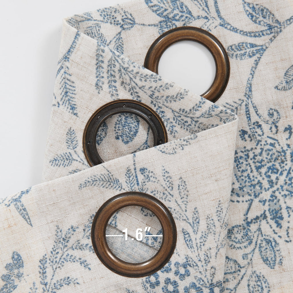 Floral Linen Semi Sheer Curtains 84 inch 2 Panels Blue on Beige H2175