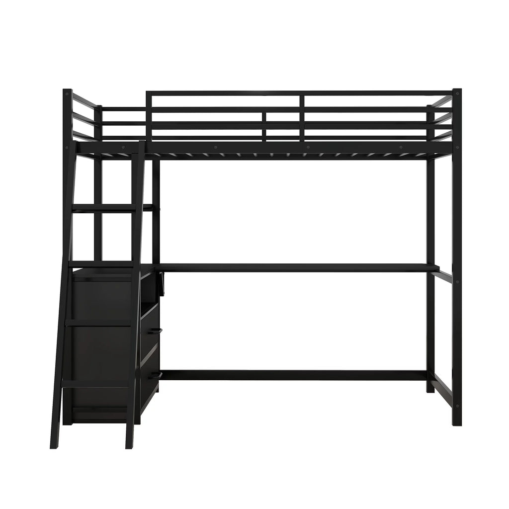 Twin Size Metal Wood Loft Bed with Desk Shelf and Drawers Black S342455