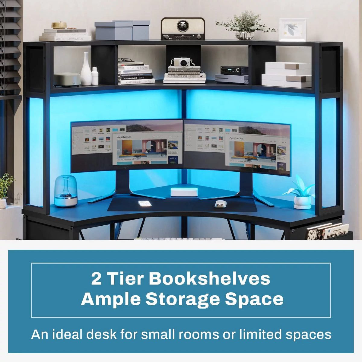 Black Corner Desk with Hutch and LED Lights Q421859