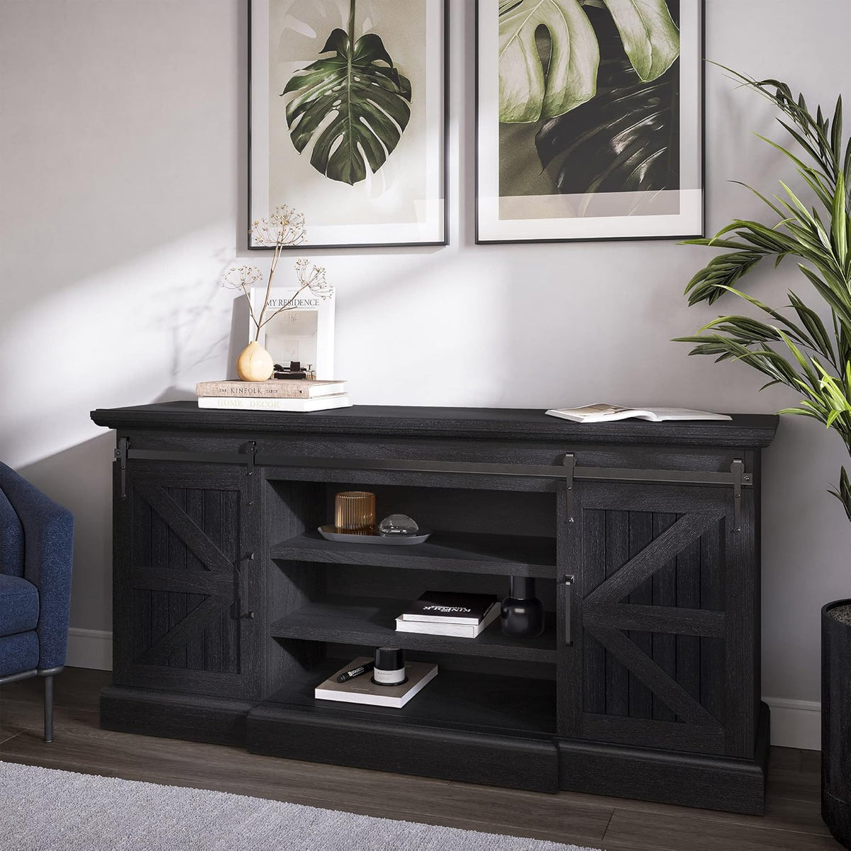 Modern Farmhouse TV Stand with Adjustable Shelves and Barn Doors V9920