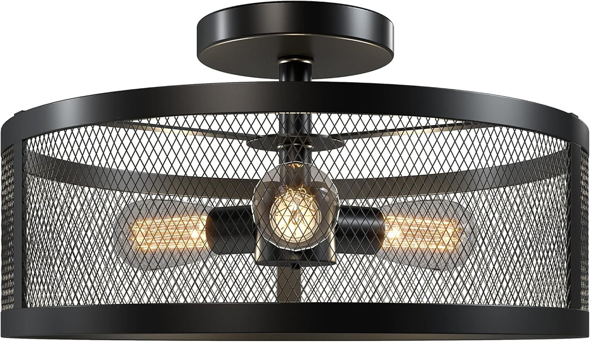 Industrial 3-Light Metal Cage Semi Flush Mount Ceiling Light Black Finish V852