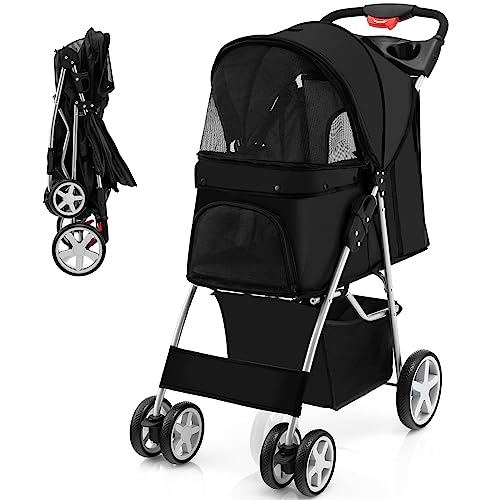 Navy Folding Pet Stroller with 4 Lockable Wheels and Removable Liner V648