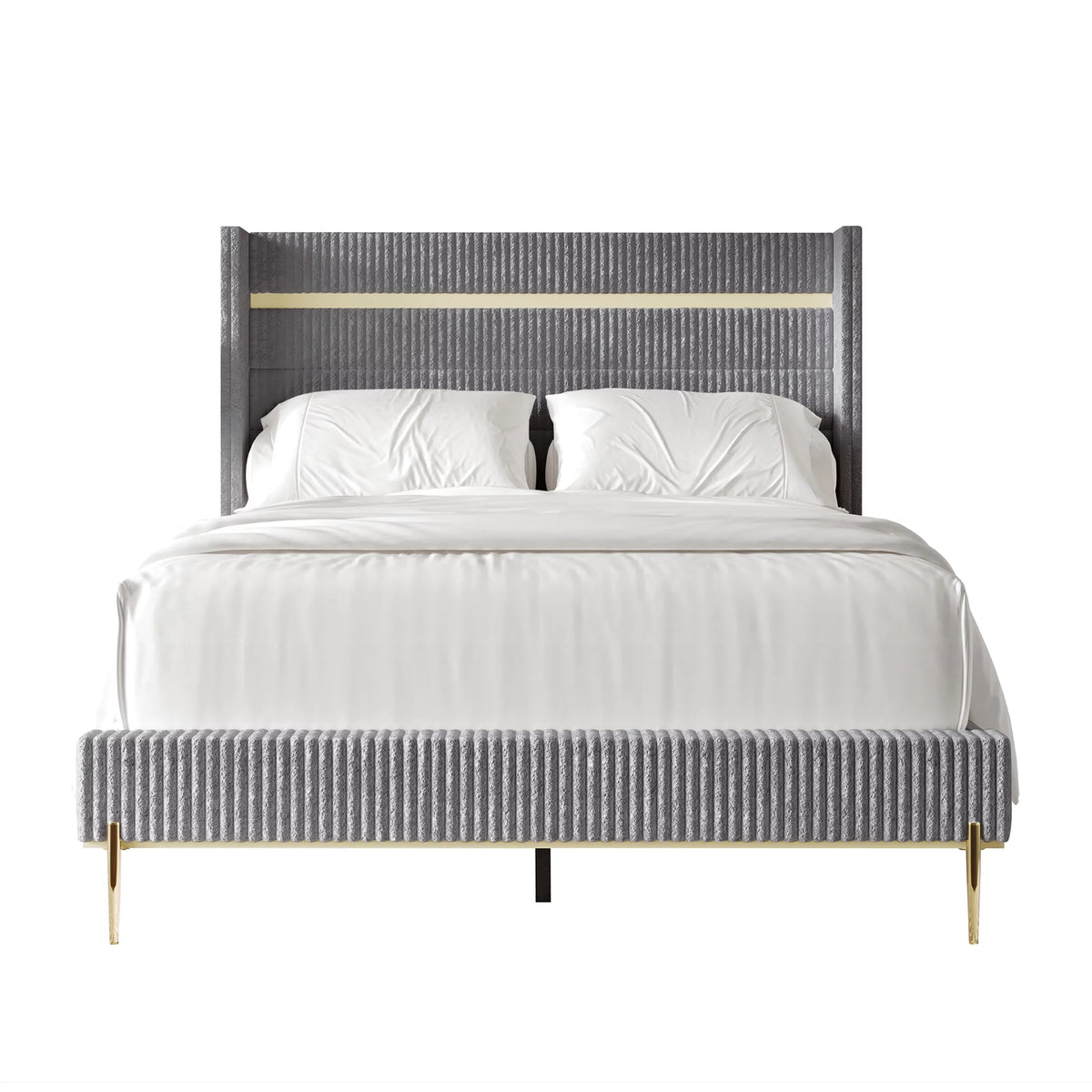 Gold PU Strip Wingback Velvet Upholstered Bed Black, Full C1777