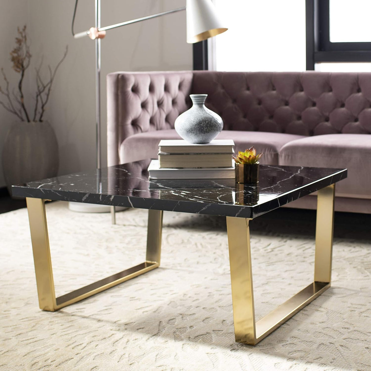Black Faux Marble and Brass Coffee Table Y742