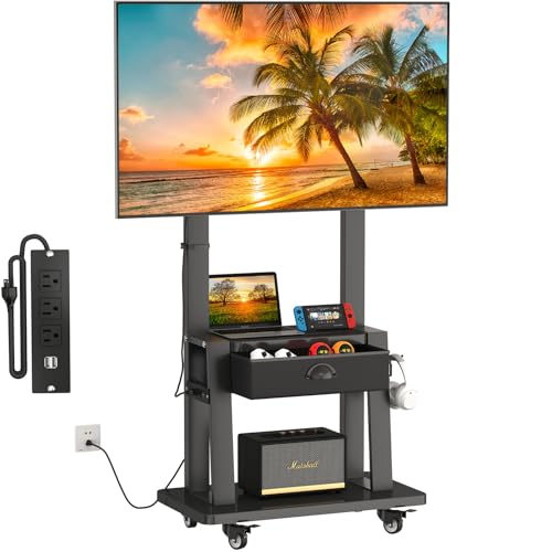 Rolling TV Stand with Power Outlet, Adjustable Height Mobile TV Cart with Wheels B98963