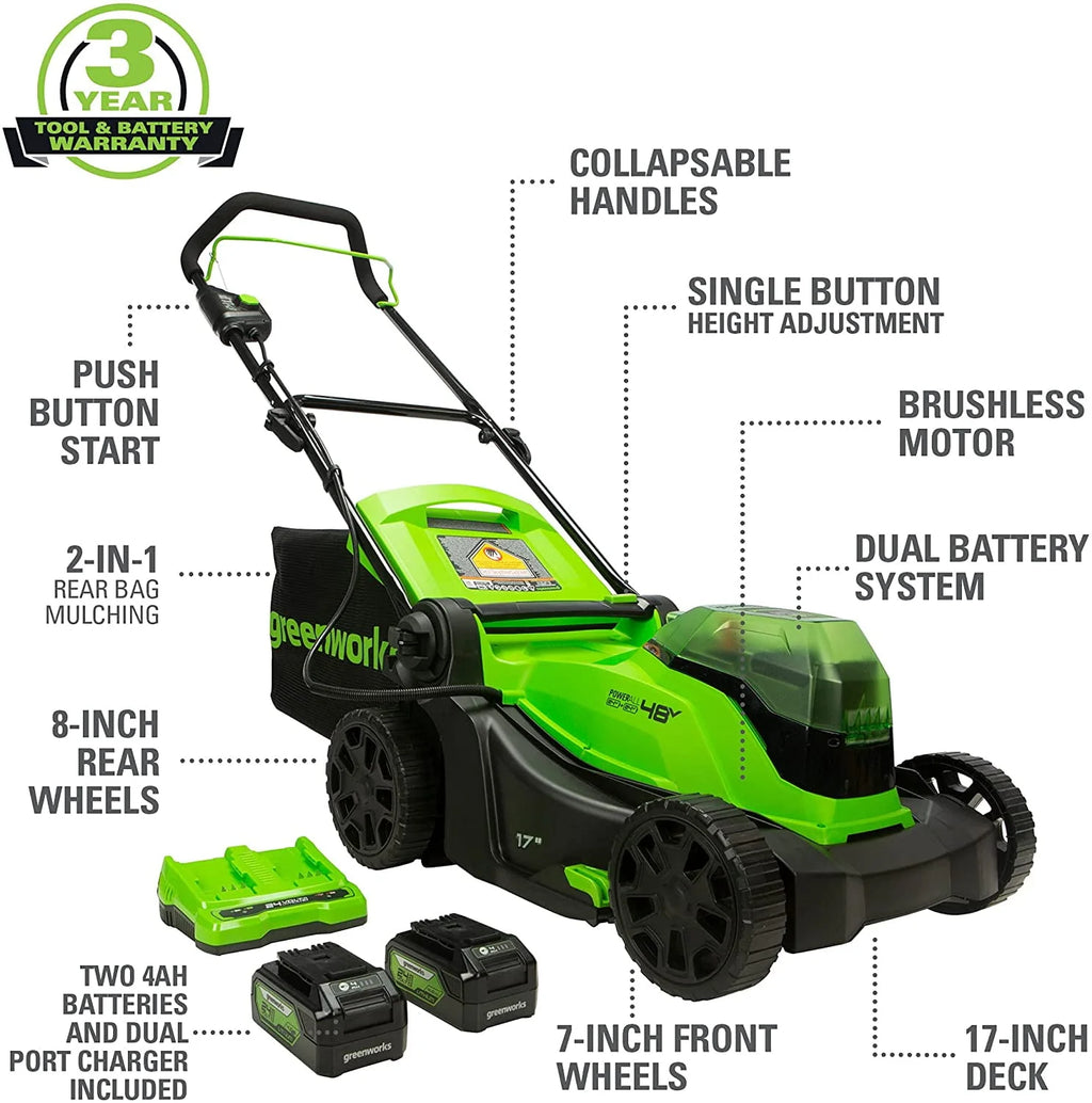 48V 17 Battery-Powered Push Lawn Mower with 2 x 24V 4Ah Batteries M653