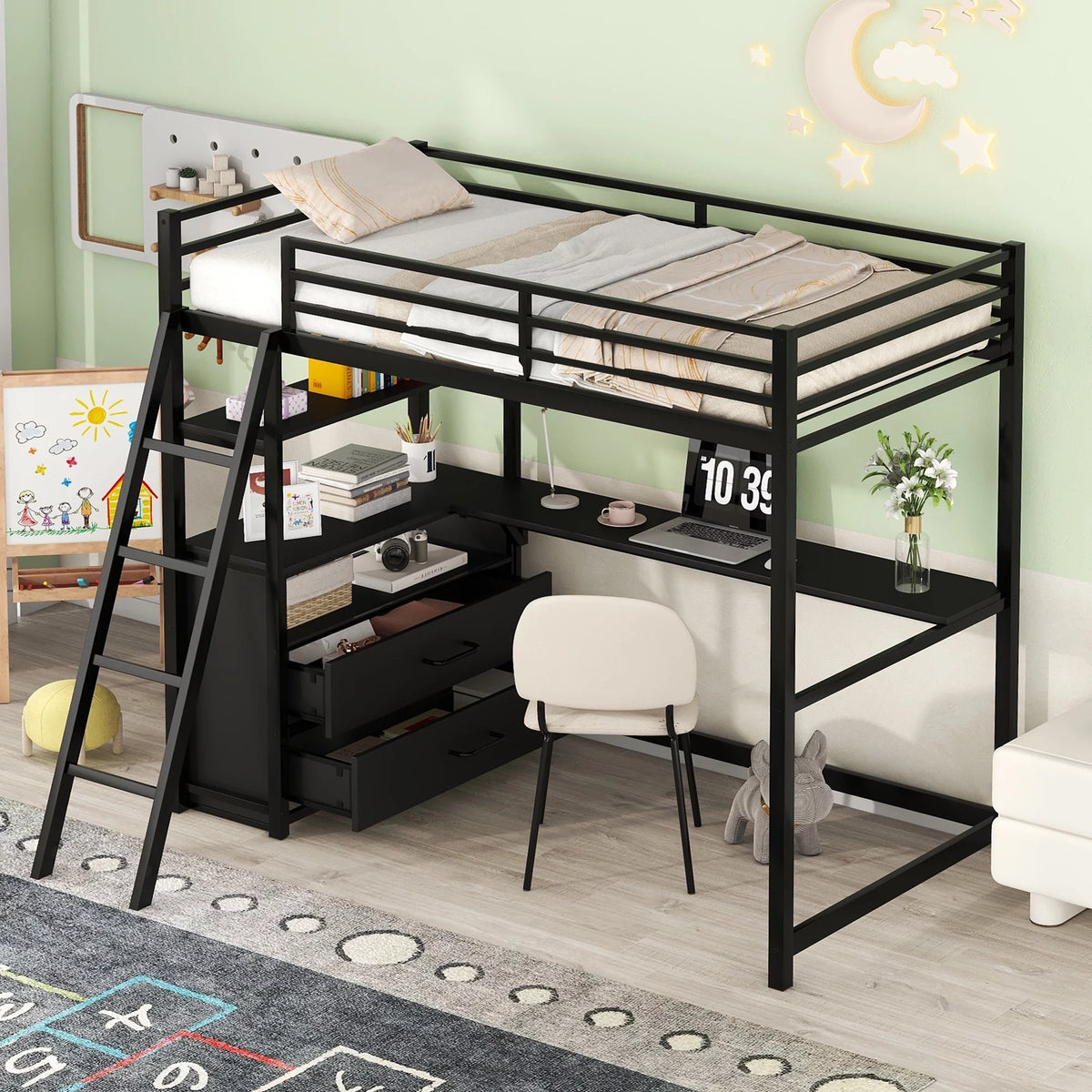 Twin Size Metal Wood Loft Bed with Desk Shelf and Drawers Black S342455
