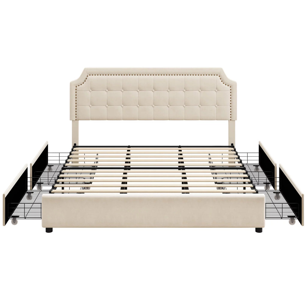 Queen Size 4 Drawer Black PU Leather Platform Bed N3083