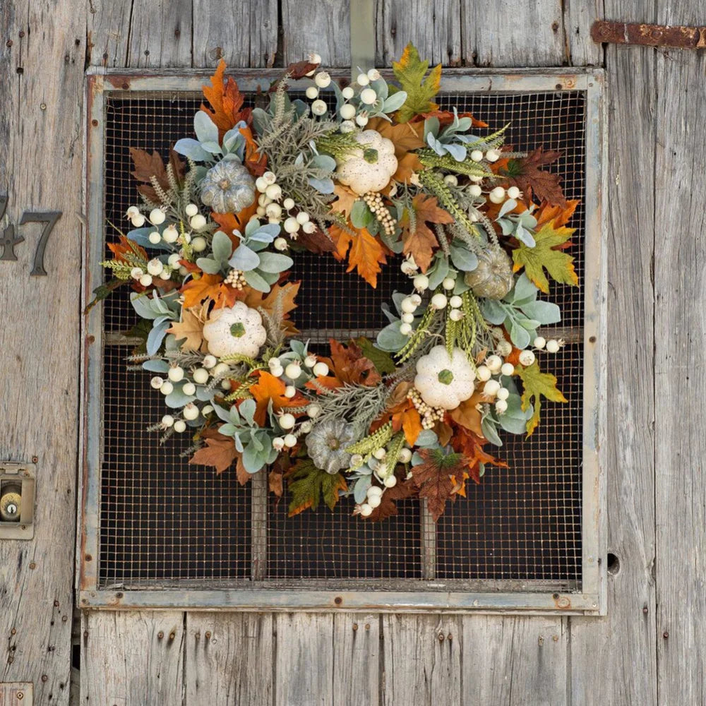 18" Artificial Fall Wreath with Pumpkins Berry Maples Leaves S334315