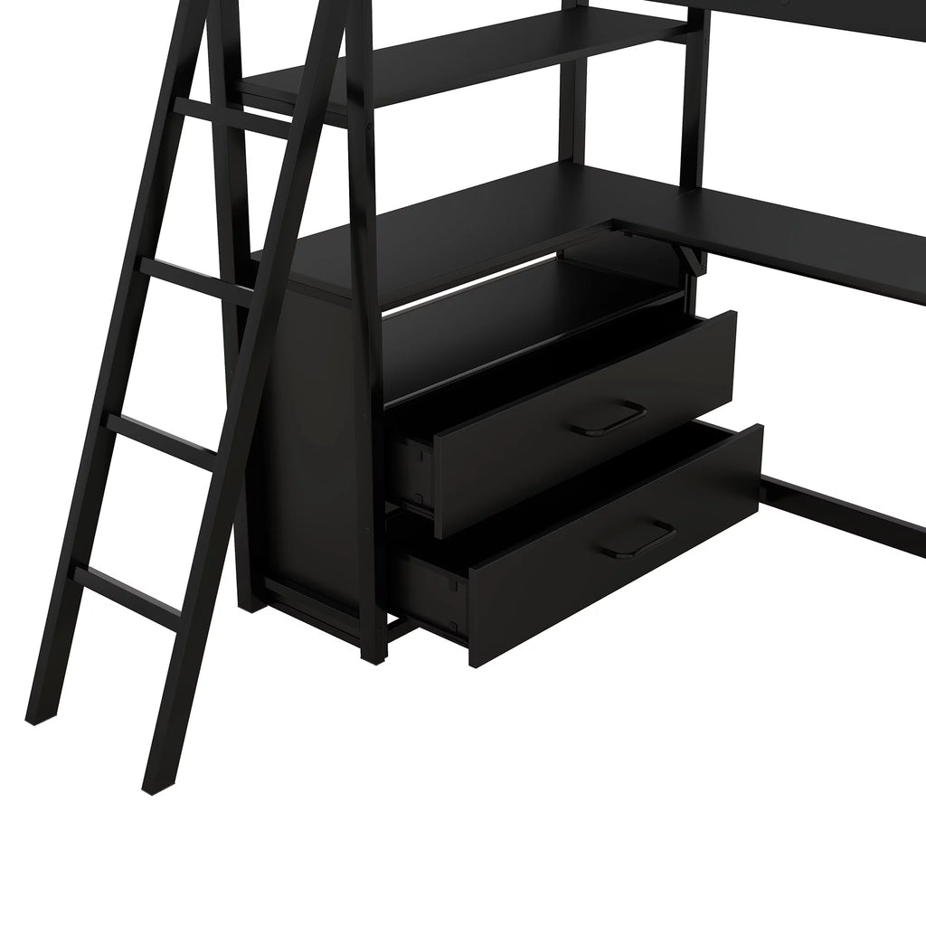 Twin Size Metal Wood Loft Bed with Desk Shelf and Drawers Black S342455