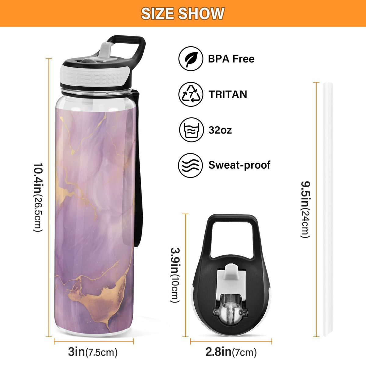 Purple and Gold Marble 32oz Tritan Leakproof Sports Bottle with Straw O118