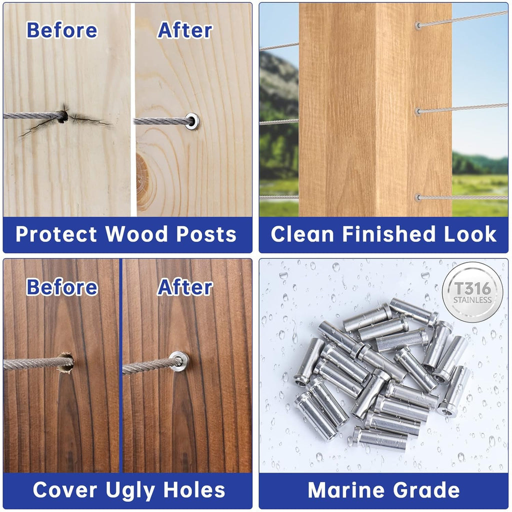 120Pack Stainless Steel Cable Railing Kit for 1/8 Wire Rope Wood Posts T316 Marine Grade Q638400