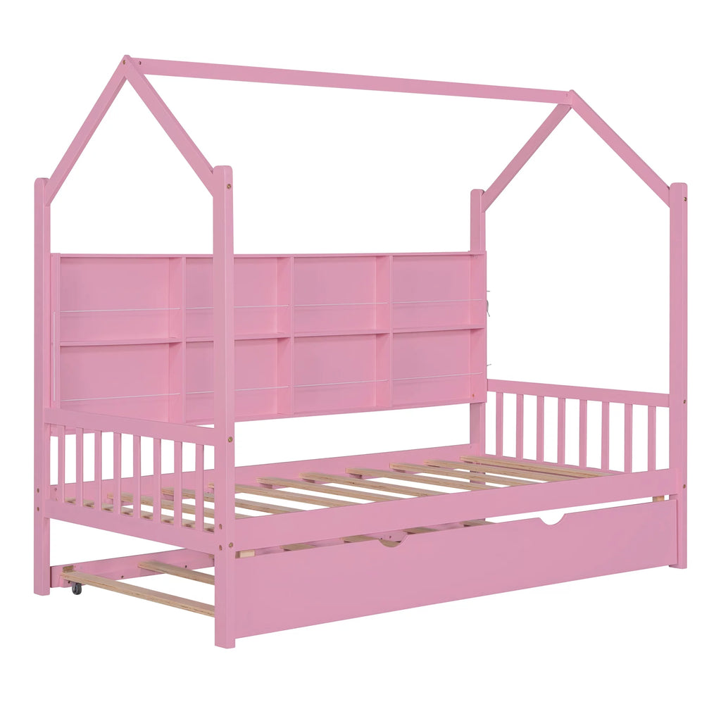 Wooden Twin Size House Bed with Trundle and Shelf X356