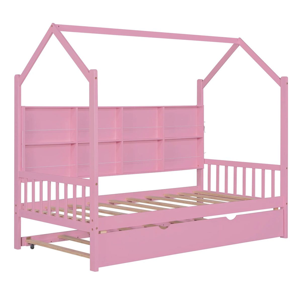 Wooden Twin Size House Bed with Trundle and Shelf X356