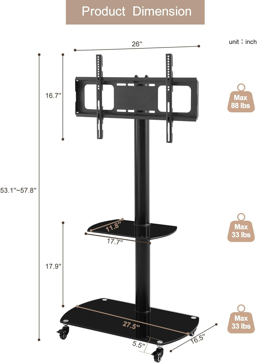 Mobile TV Cart with Wheels for 32-65 Inch, Height and Angle Adjustable Tempered Glass Metal Frame C506233