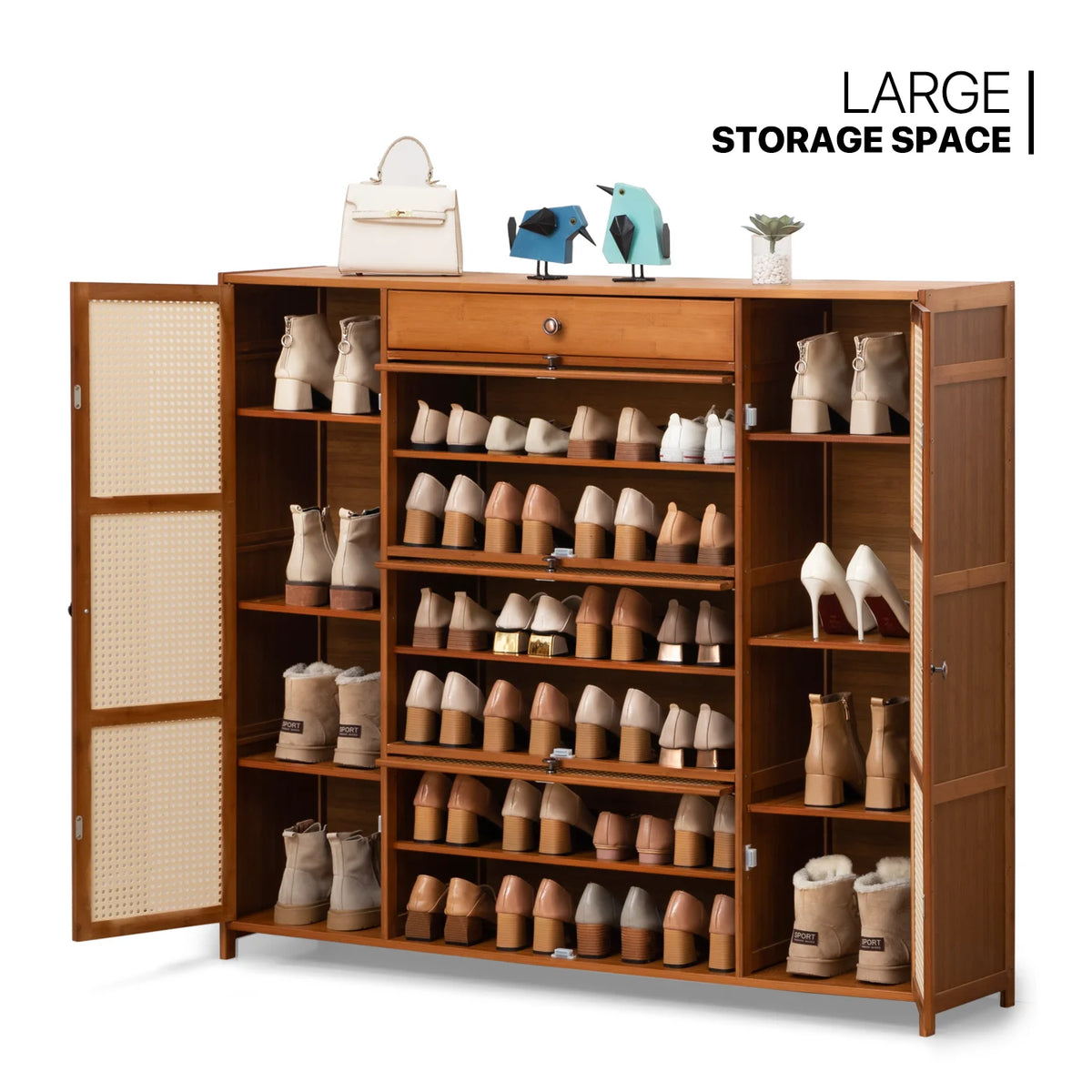 6-Tiers Rattan Shoe Storage Cabinet with Drawer, 32 Pairs, 8 Boots Compartments, Brown E571085