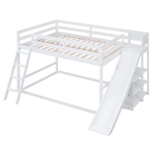 Modern Grey Wood Bunk Bed with Slide and Storage Shelves N894