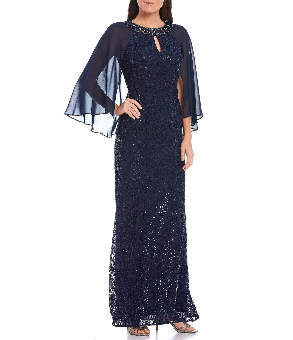 Sequin Lace Chiffon Capelet Gown Q2878