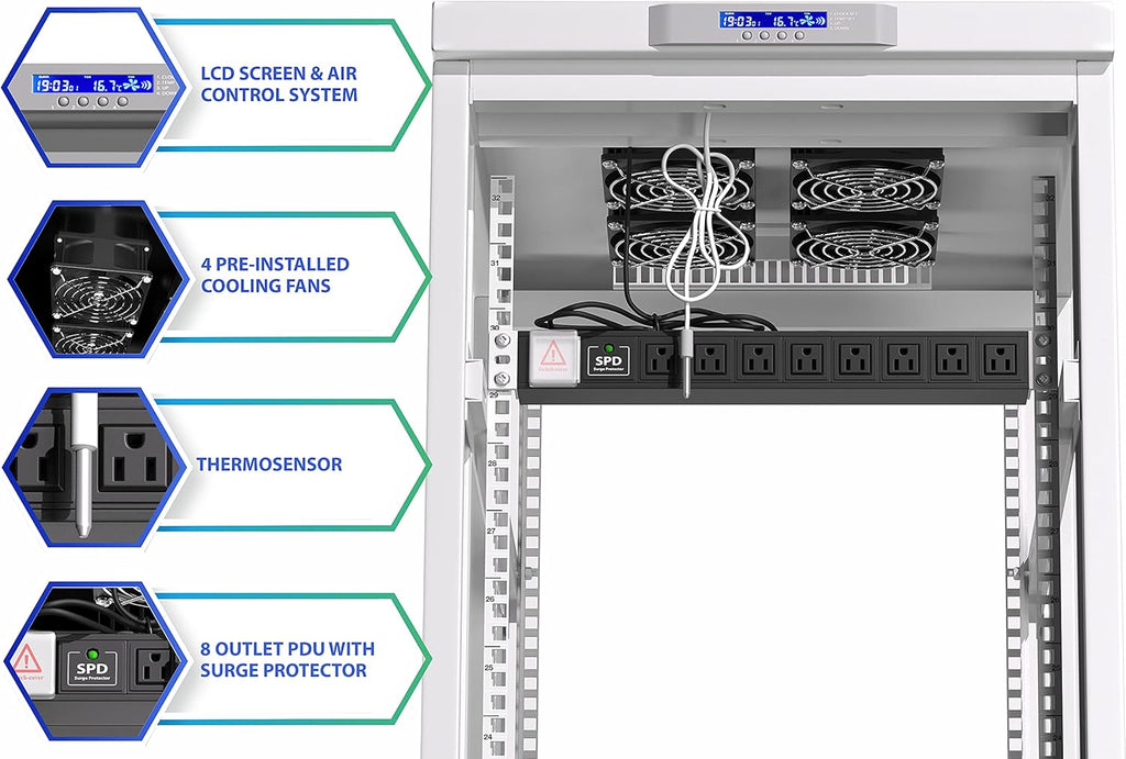 18U Locking Server Rack Cabinet with Casters, Shelf, Cooling Fan, Thermostat, PDU, Light Grey T7100