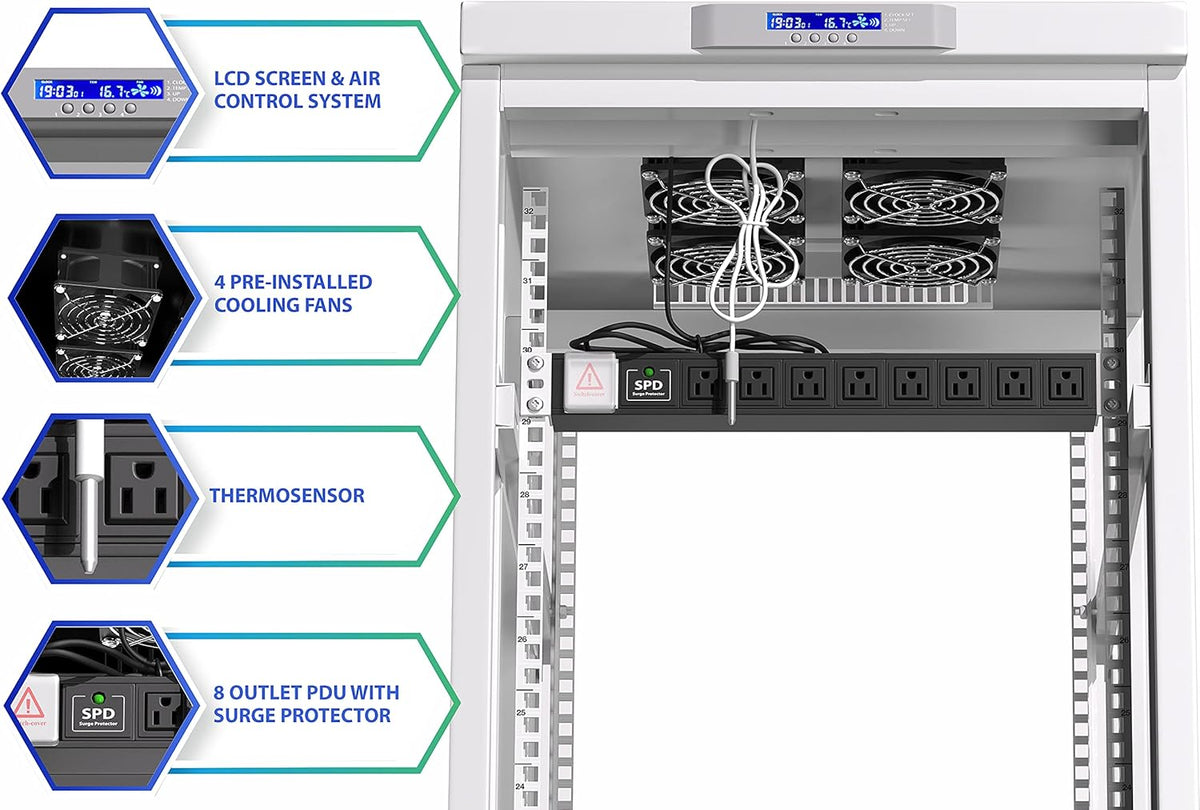 18U Locking Server Rack Cabinet with Casters, Shelf, Cooling Fan, Thermostat, PDU, Light Grey T7100