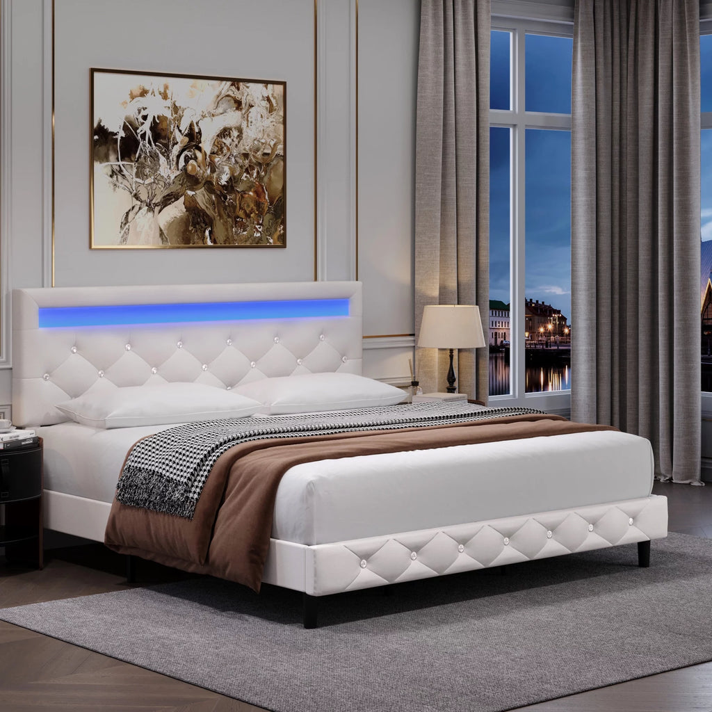 Queen Size LED Upholstered Platform Bed Frame with Adjustable Headboard M521809