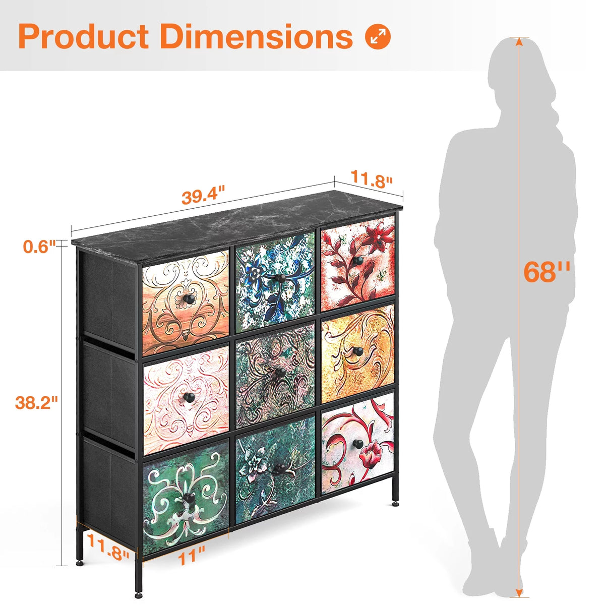 Black 9 Drawer Dresser with Steel Frame and Wood Top Z989