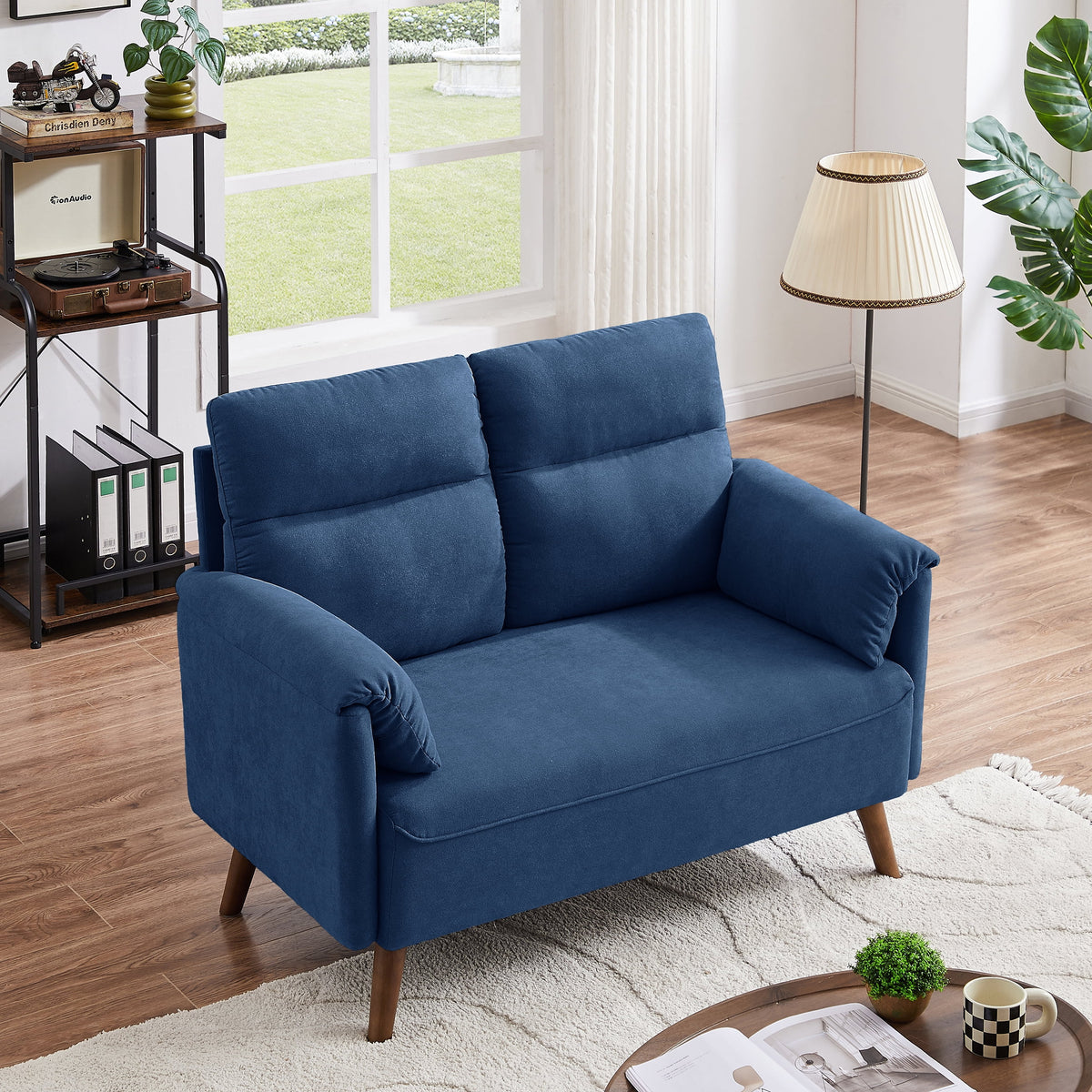 Blue Linen Fabric 2-Seat Loveseat Sofa with Back Cushions and Wood Legs D240