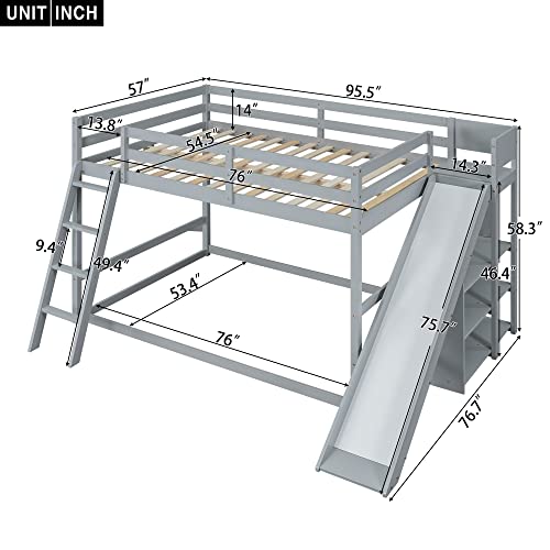 Modern Grey Wood Bunk Bed with Slide and Storage Shelves N894