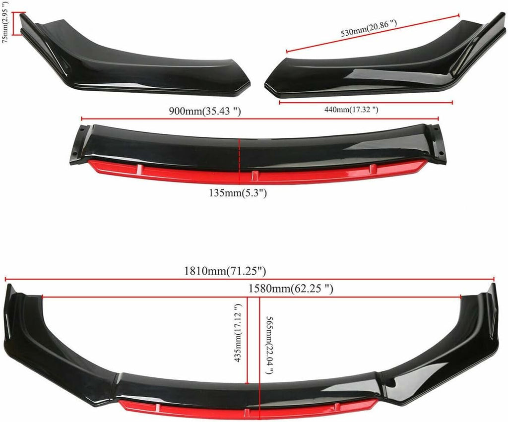 Glossy Black Red Front Bumper Lip Spoiler Splitter Diffuser Body Kits Pack of 2 T69748