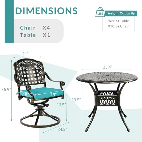 5-Piece Outdoor Cast Aluminum Patio Dining Set with 4 Cushions Swivel Rocker Chairs and Round Table W22904