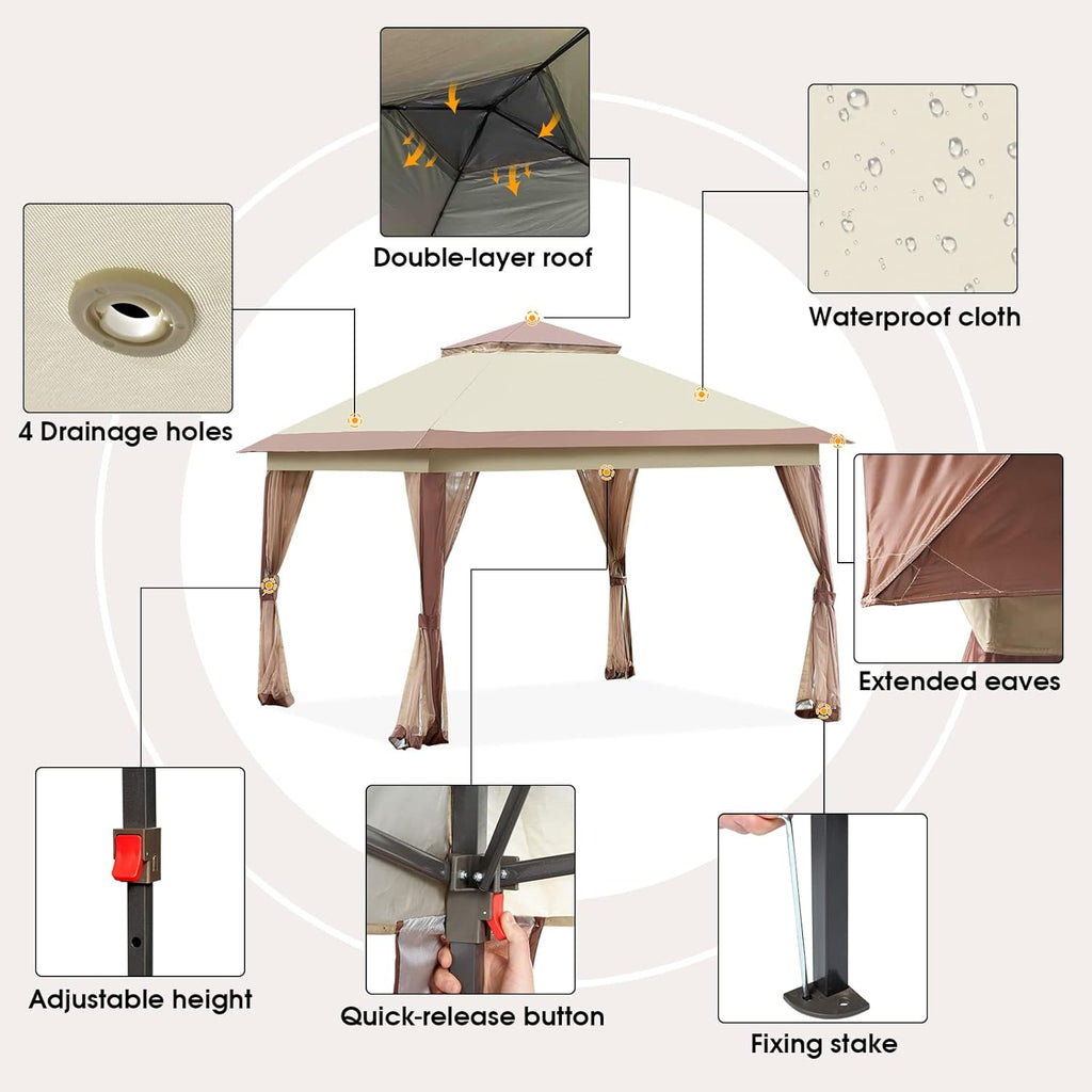 11’ X 11’ Pop Up Canopy Tent with Mosquito Netting, Beige I75952