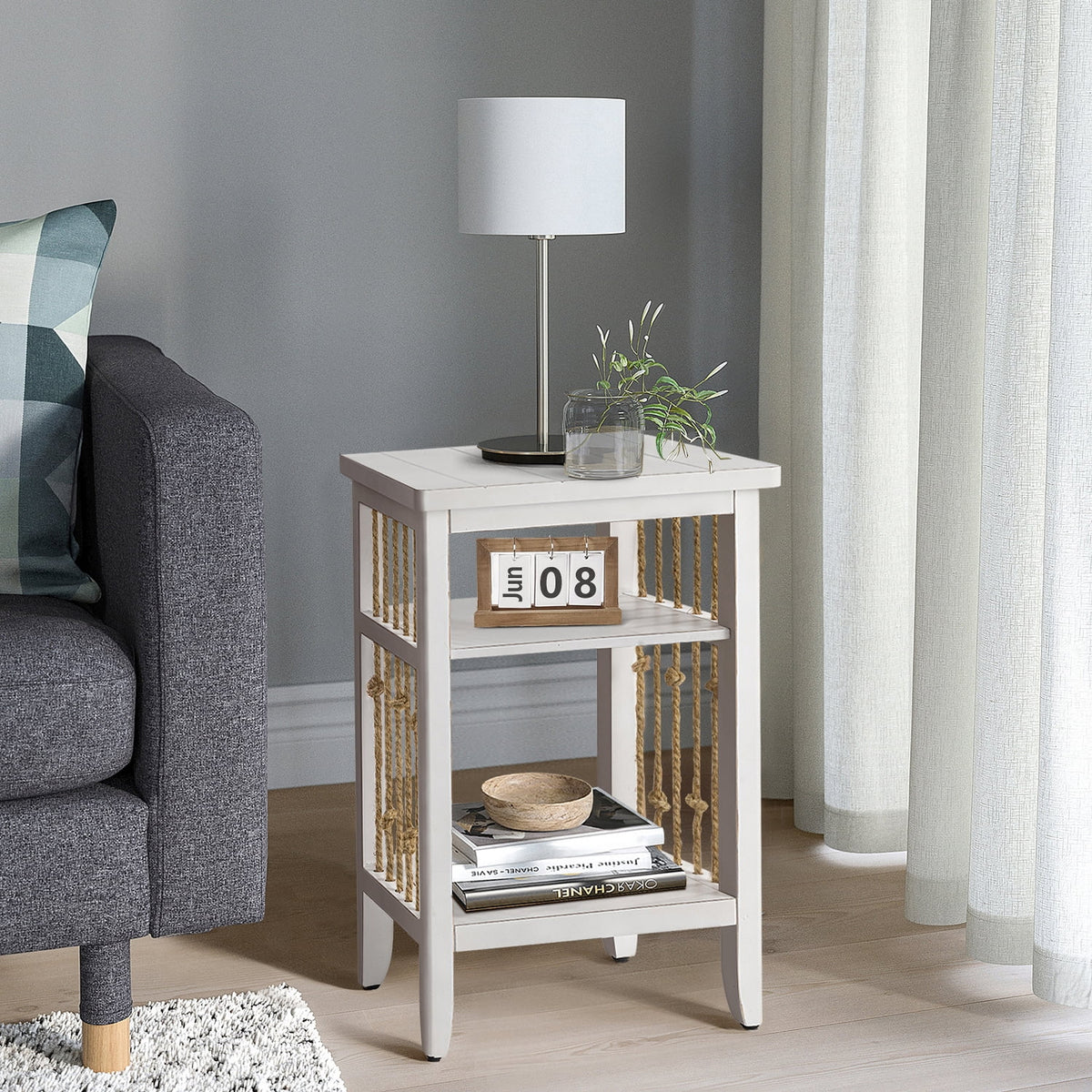 White 3-Tier MDF Side Table with Hemp Rope S457
