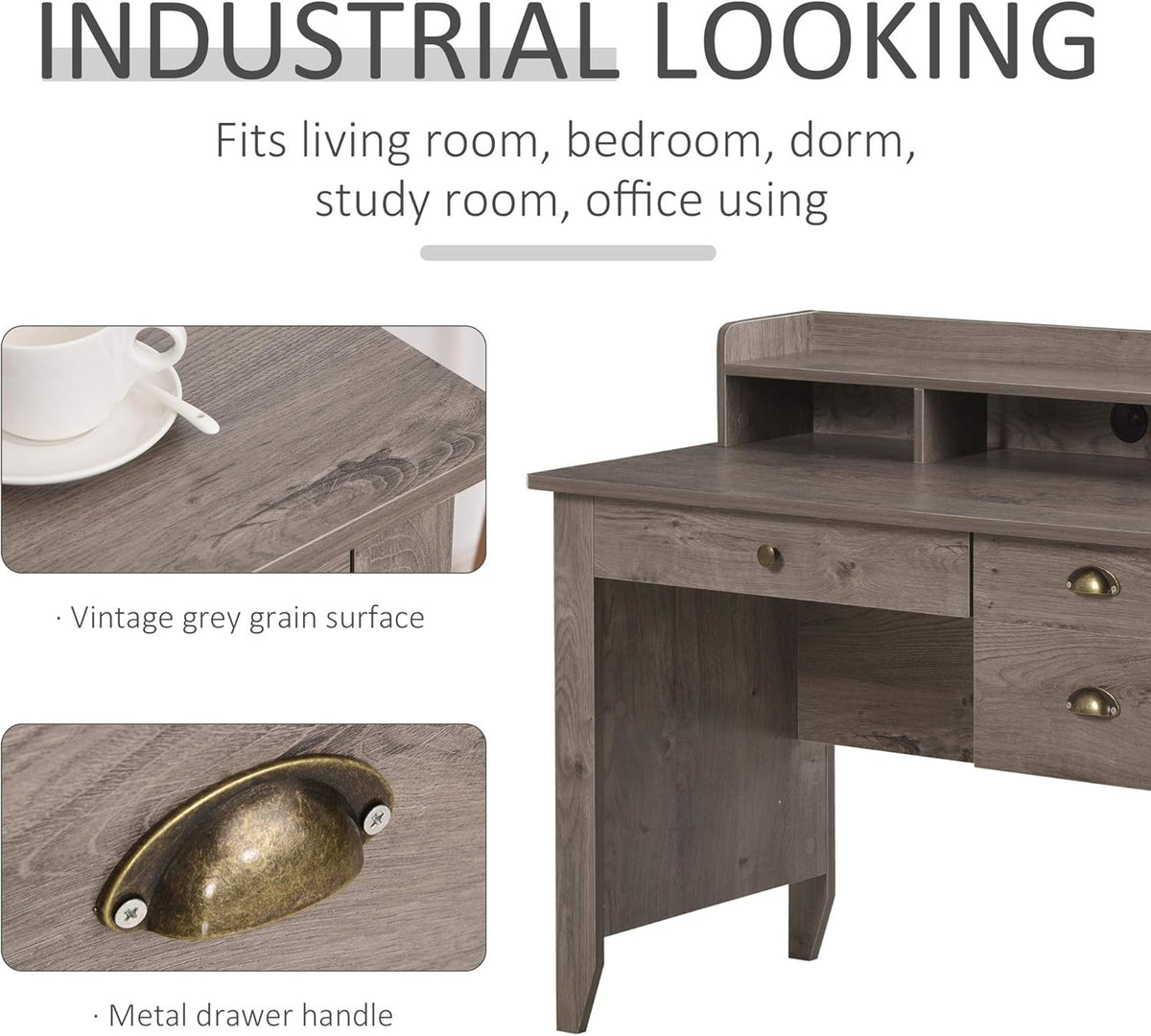 Grey Computer Desk with Hutch 3 Drawers F87175