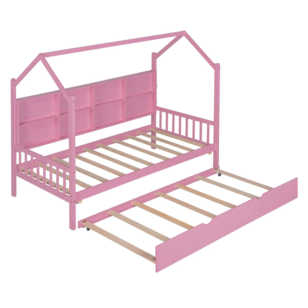 Wooden Twin Size House Bed with Trundle and Shelf X356