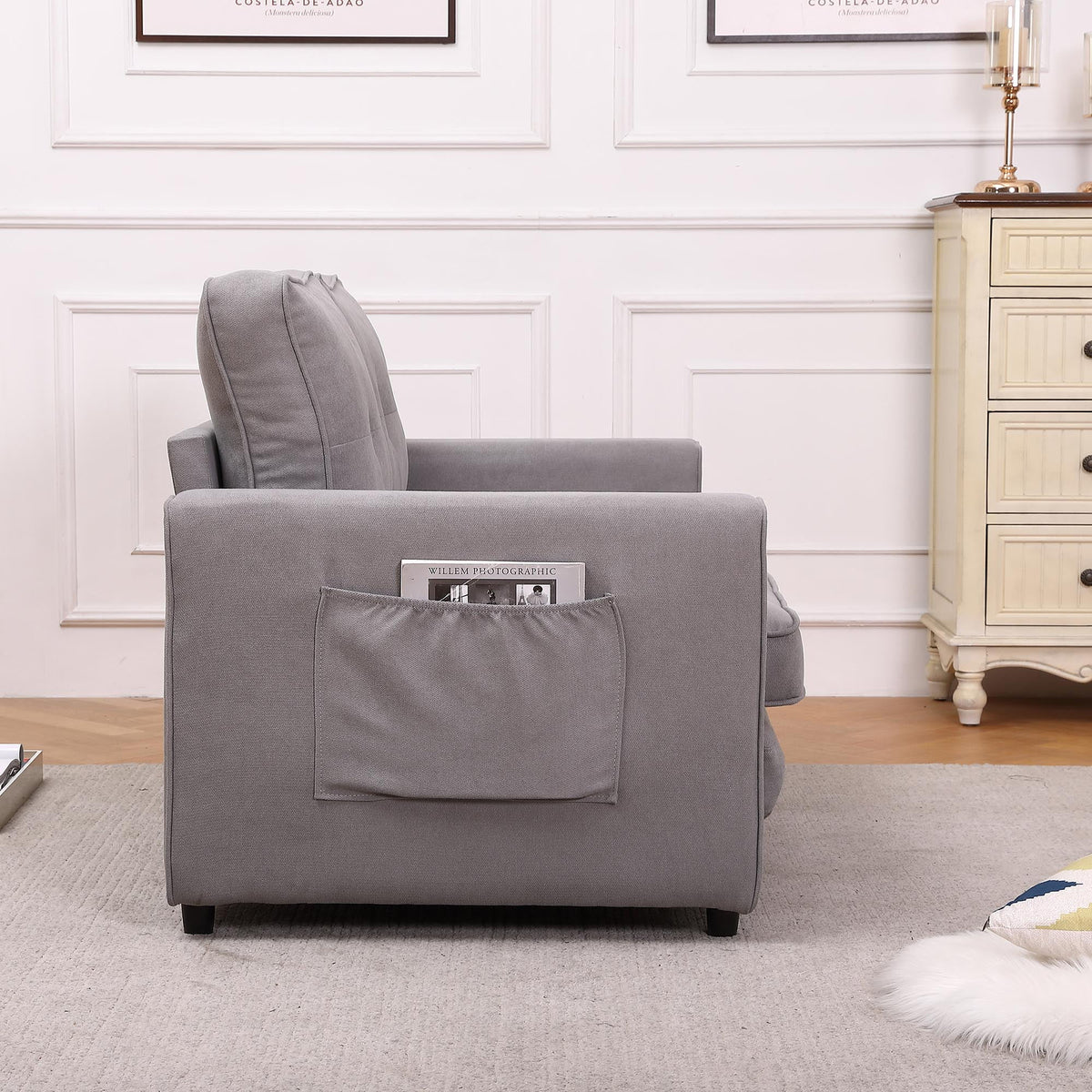 Upholstered Convertible Futon Sofa Bed with Side Pockets X97107