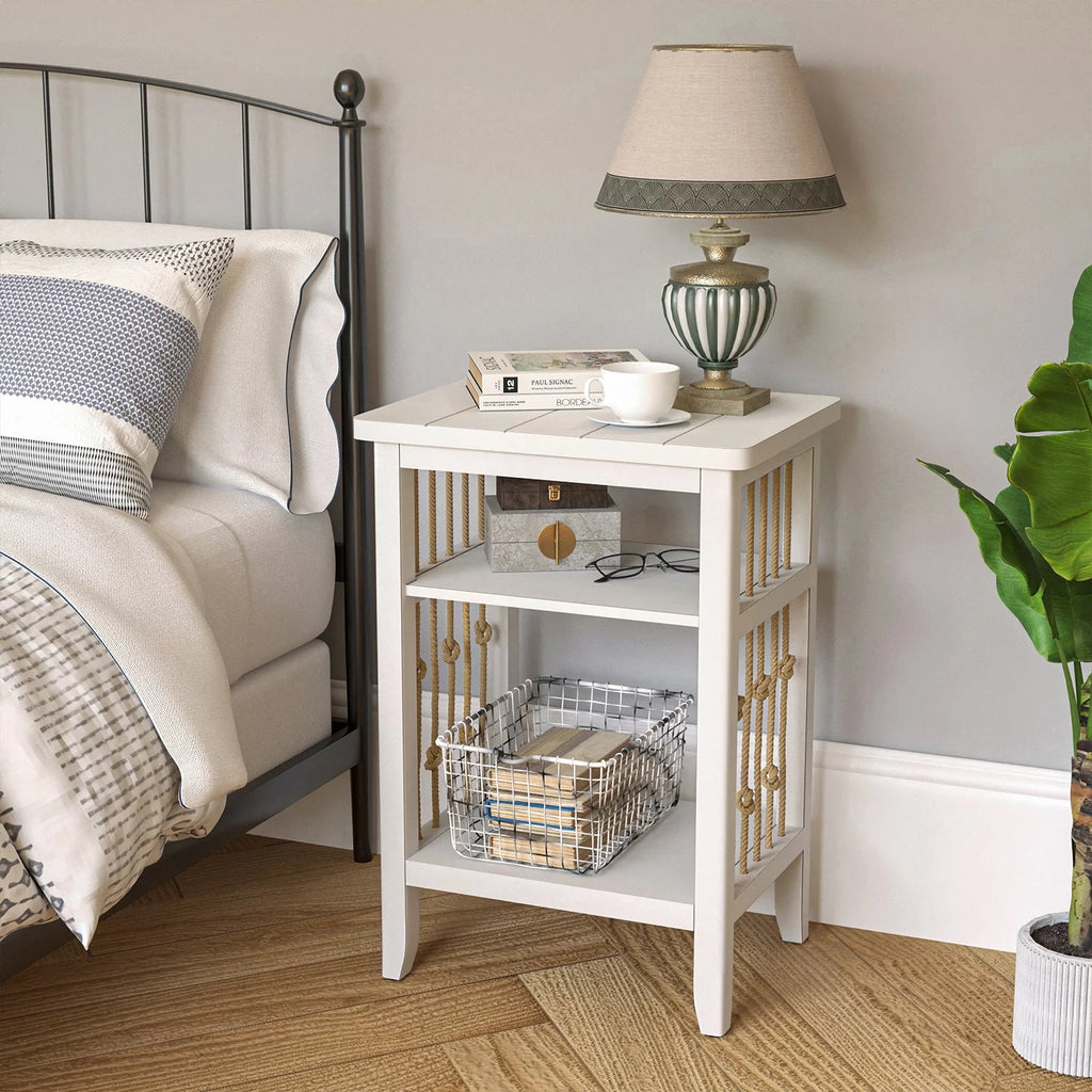 White 3-Tier MDF Side Table with Hemp Rope S457