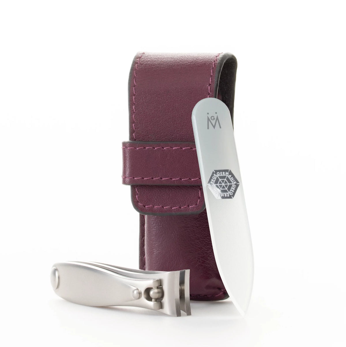 Nail clipper and Glass Nail File Set in Purple Leather Case T7624