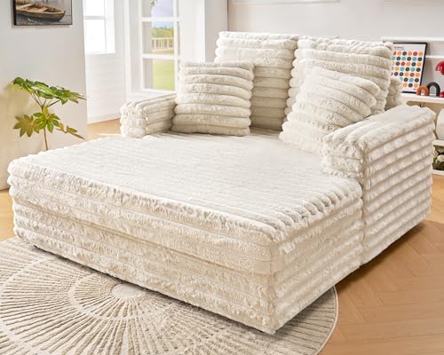 Off-White Upholstered Chaise Lounge Sofa Bed with Throw Pillows P609
