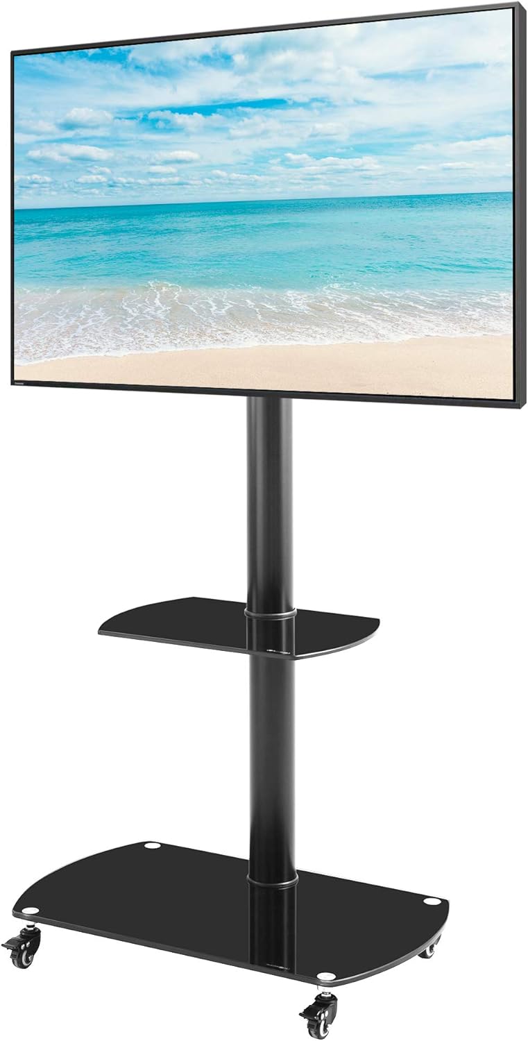 Mobile TV Cart with Wheels for 32-65 Inch, Height and Angle Adjustable Tempered Glass Metal Frame C506233